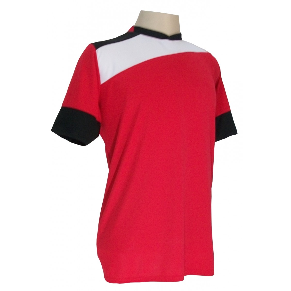 Uniforme Esportivo Completo modelo Sporting 14+1 (14 camisas Vermelho/Branco/Preto + 14 calções Madrid Preto + 14 pares de meiões Brancos + 1 conjunto de goleiro) + Brindes