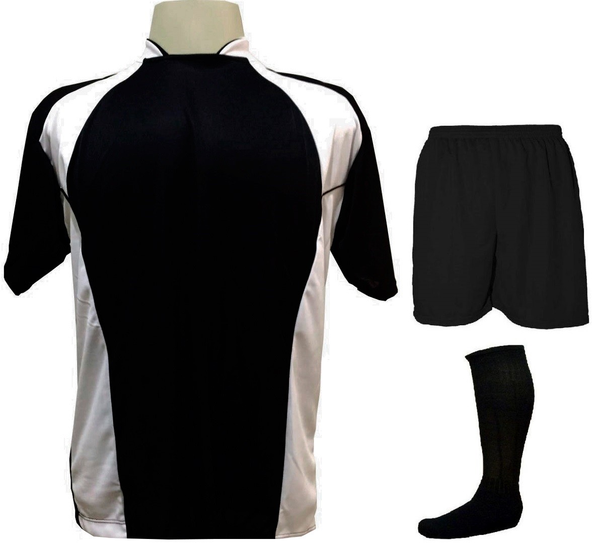 Uniforme Esportivo Completo modelo Suécia 14+1 (14 camisas Preto/Branco + 14 calções Madrid Preto + 14 pares de meiões Preto + 1 conjunto de goleiro) + Brindes