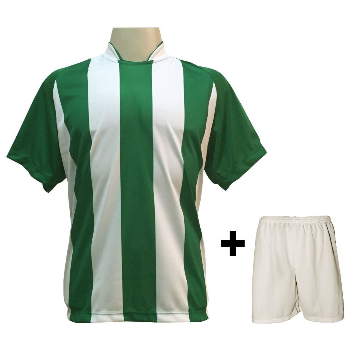 Uniforme Esportivo com 20 camisas modelo Milan Verde/Branco + 20 calções modelo Madrid + 1 Goleiro + Brindes