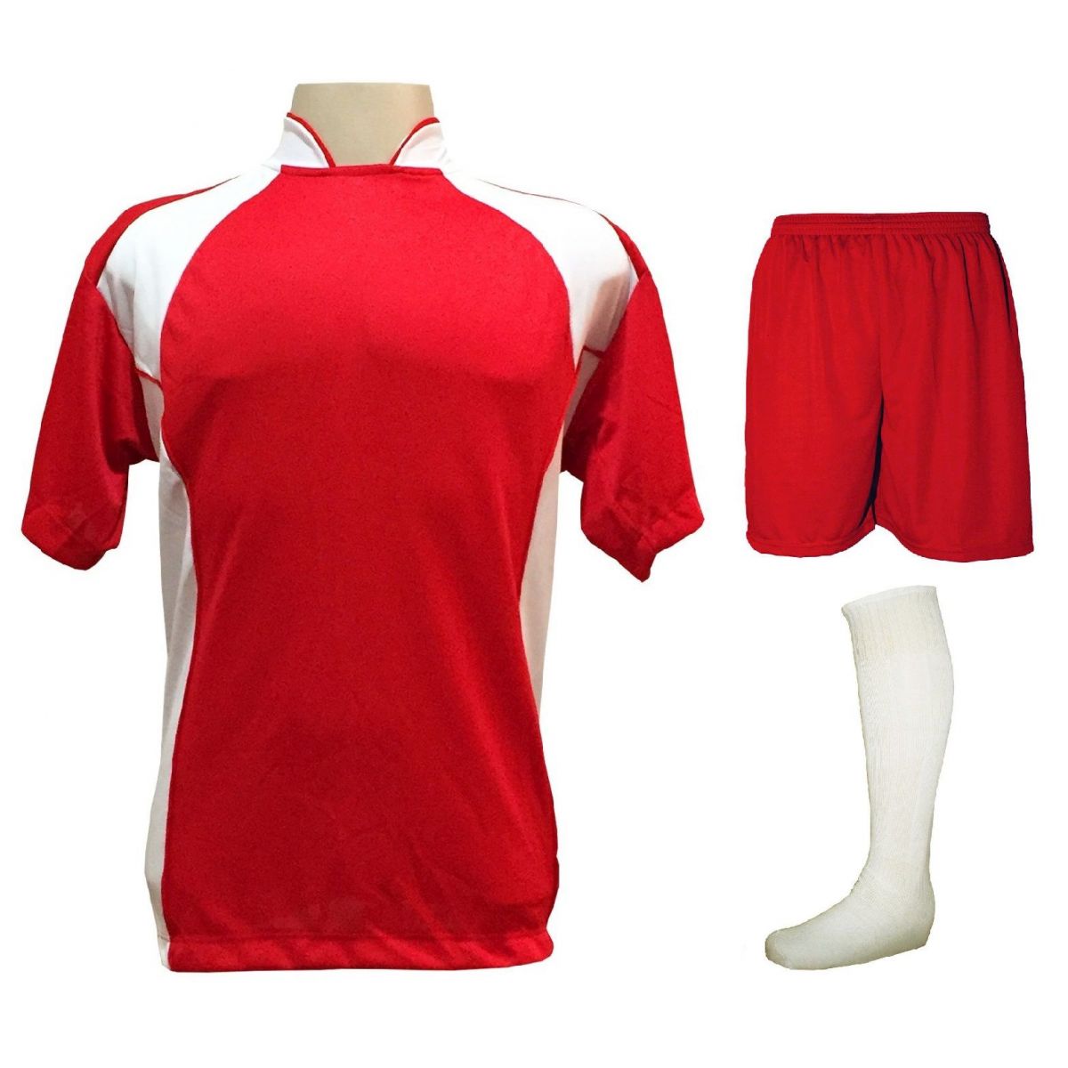Uniforme Esportivo Completo modelo Suécia 14+1 (14 camisas Vermelho/Branco + 14 calções Madrid Vermelho + 14 pares de meiões Brancos + 1 conjunto de goleiro) + Brindes