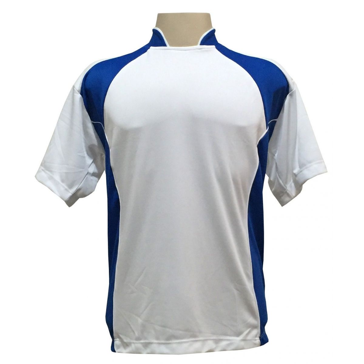 Uniforme Esportivo Completo modelo Suécia 14+1 (14 camisas Branco/Royal + 14 calções Madrid Branco+ 14 pares de meiões + 1 conjunto de goleiro) + Brindes