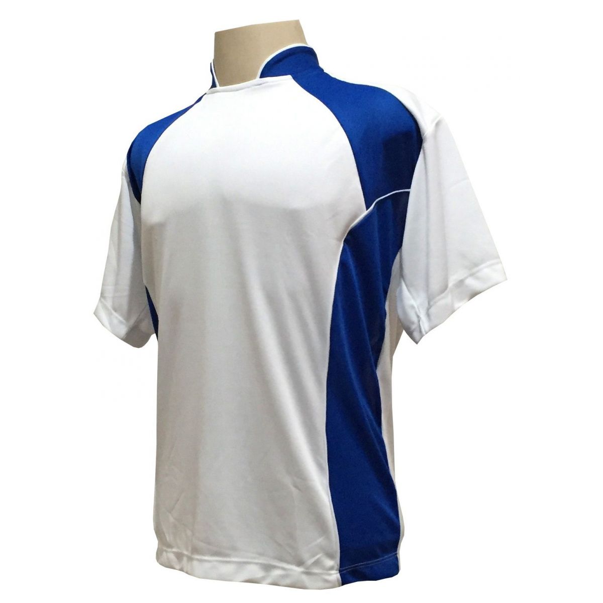 Uniforme Esportivo Completo modelo Suécia 14+1 (14 camisas Branco/Royal + 14 calções Madrid Branco + 14 pares de meiões Royal + 1 conjunto de goleiro) + Brindes