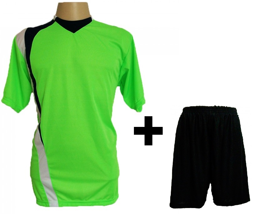 Uniforme Esportivo com 14 camisas modelo PSG Limão/Preto/Branco + 14 calções modelo Madrid Preto + Brindes