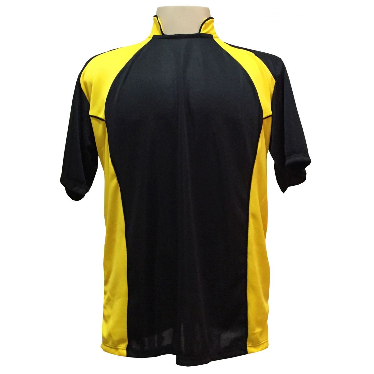 Uniforme Esportivo Completo modelo Suécia 14+1 (14 camisas Preto/Amarelo + 14 calções Madrid Amarelo + 14 pares de meiões Pretos + 1 conjunto de goleiro) + Brindes