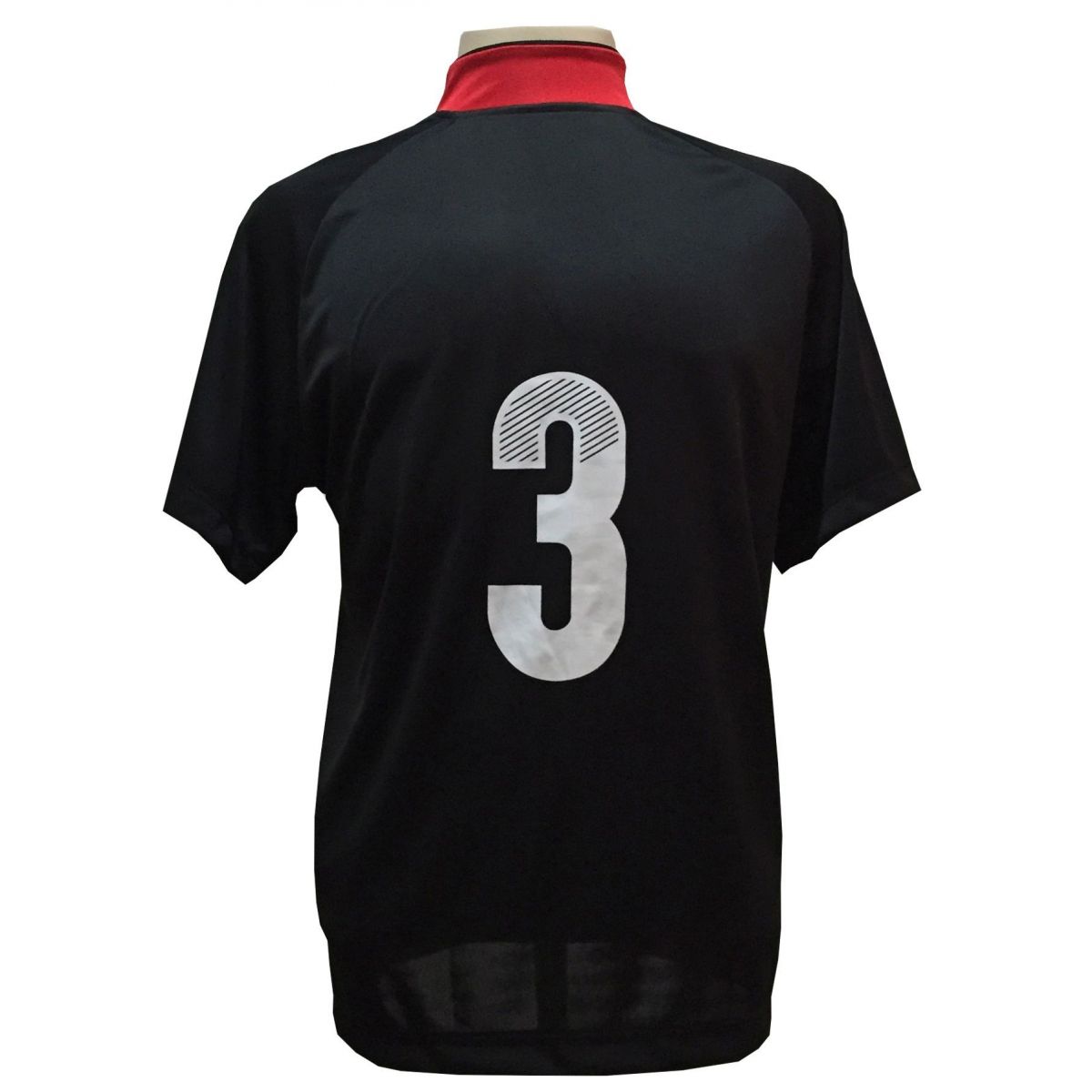 Uniforme Esportivo com 12 camisas modelo Milan Preto/Vermelho + 12 calções modelo Madrid Preto + Brindes