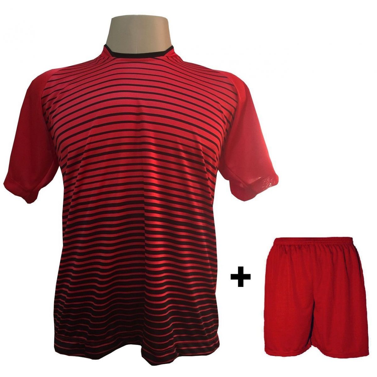 Uniforme Esportivo com 18 camisas modelo City Vermelho/Preto + 18 calções modelo Madrid Vermelho + Brindes
