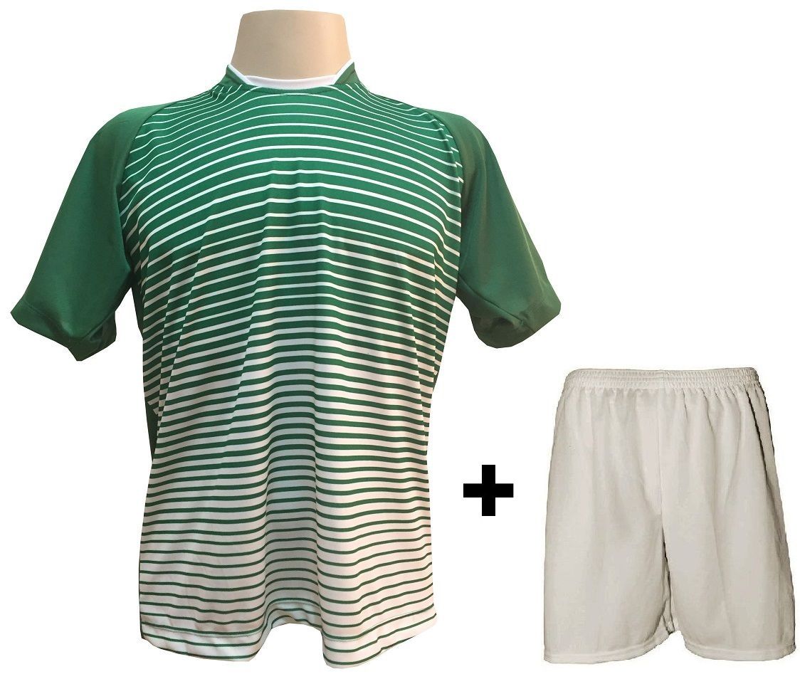 Uniforme Esportivo com 12 camisas modelo City Verde/Branco + 12 calções modelo Madrid + 1 Goleiro + Brindes
