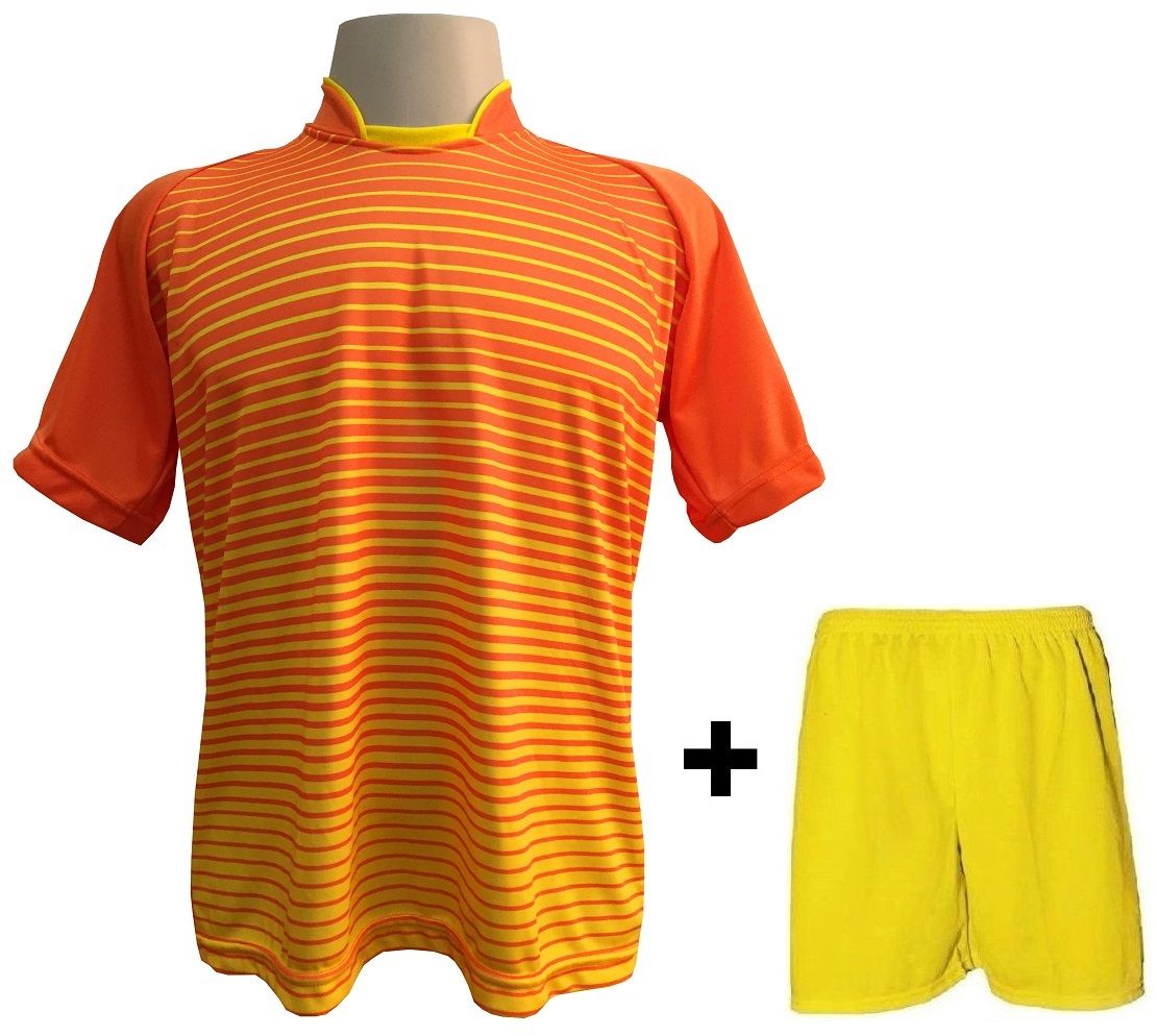Uniforme Esportivo com 12 camisas modelo City Laranja/Amarelo + 12 calções modelo Madrid + 1 Goleiro + Brindes