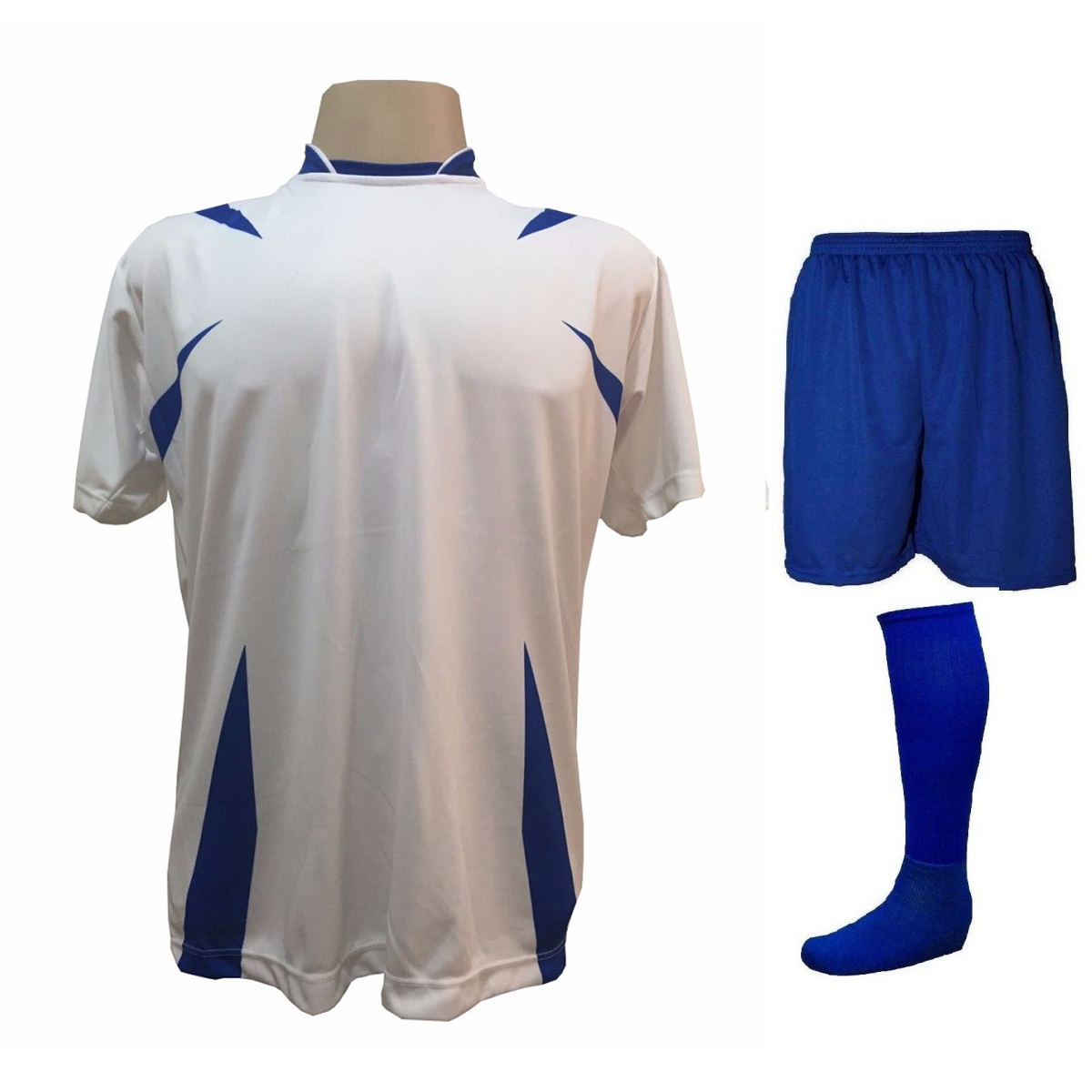 Uniforme Esportivo Completo modelo Palermo 14+1 (14 camisas Branco/Royal + 14 calções Madrid Royal + 14 pares de meiões Royal + 1 conjunto de goleiro) + Brindes