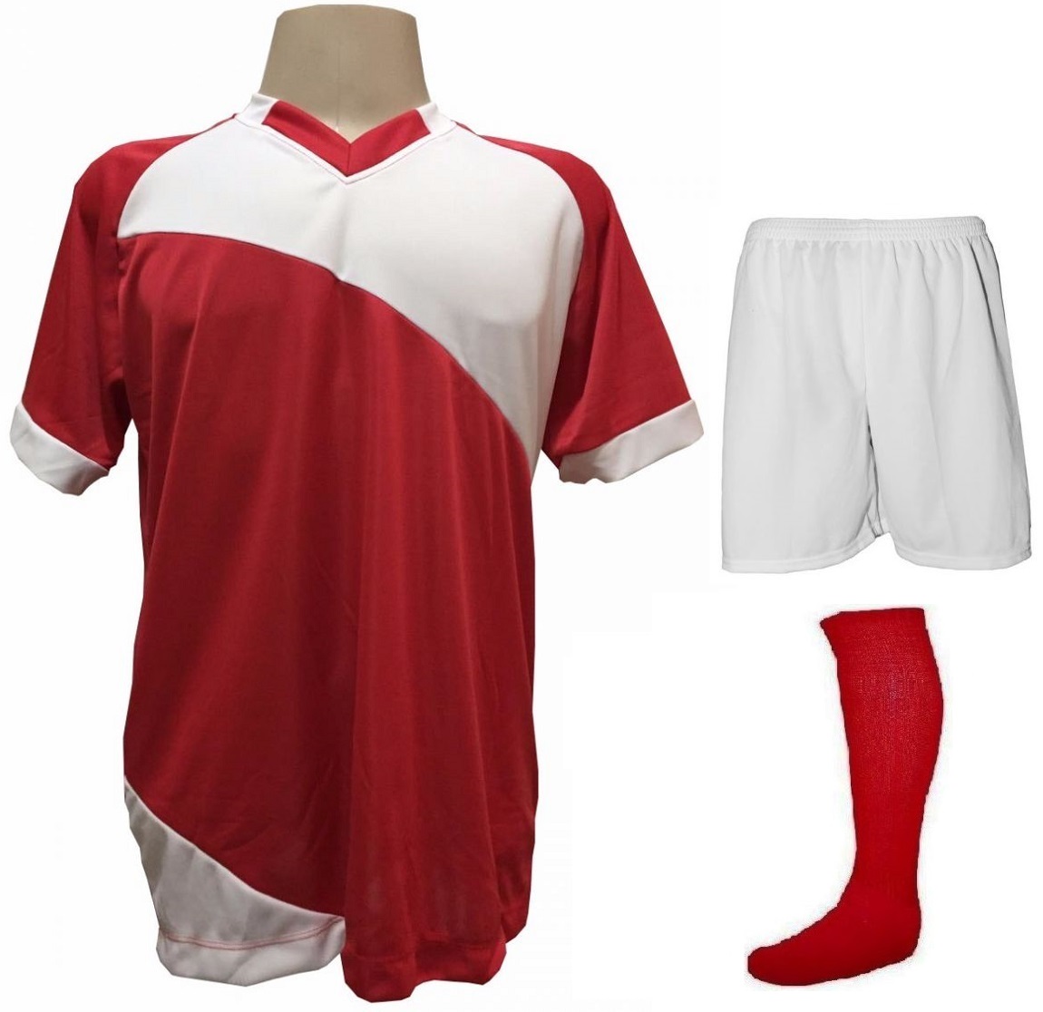 Fardamento Completo modelo Bélgica 20+1 (20 camisas Vermelho/Branco + 20 calções modelo Madrid Branco + 20 pares de meiões Branco + 1 conjunto de goleiro) + Brindes