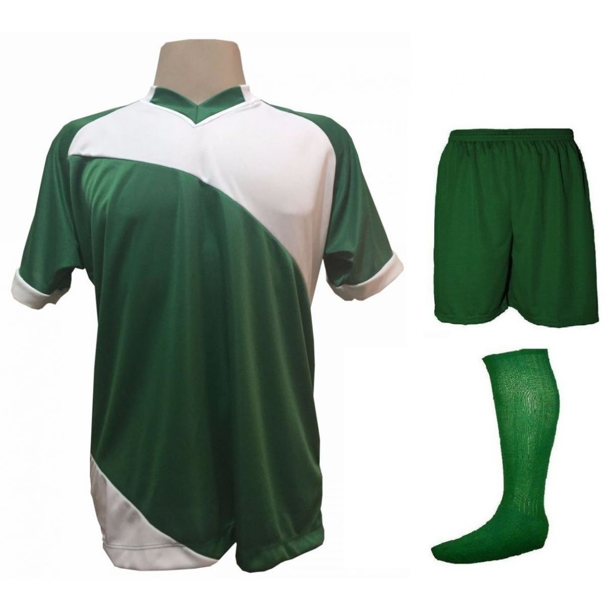 Fardamento Completo modelo Bélgica 20+1 (20 camisas Verde/Branco + 20 calções modelo Madrid Verde + 20 pares de meiões Verde + 1 conjunto de goleiro) + Brindes
