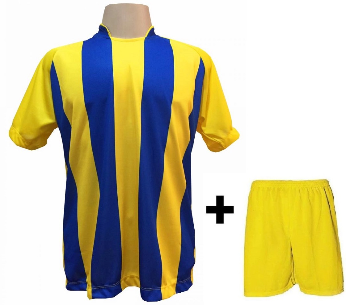 Uniforme Esportivo com 12 camisas modelo Milan Amarelo/Royal + 12 calções modelo Madrid Amarelo + Brindes