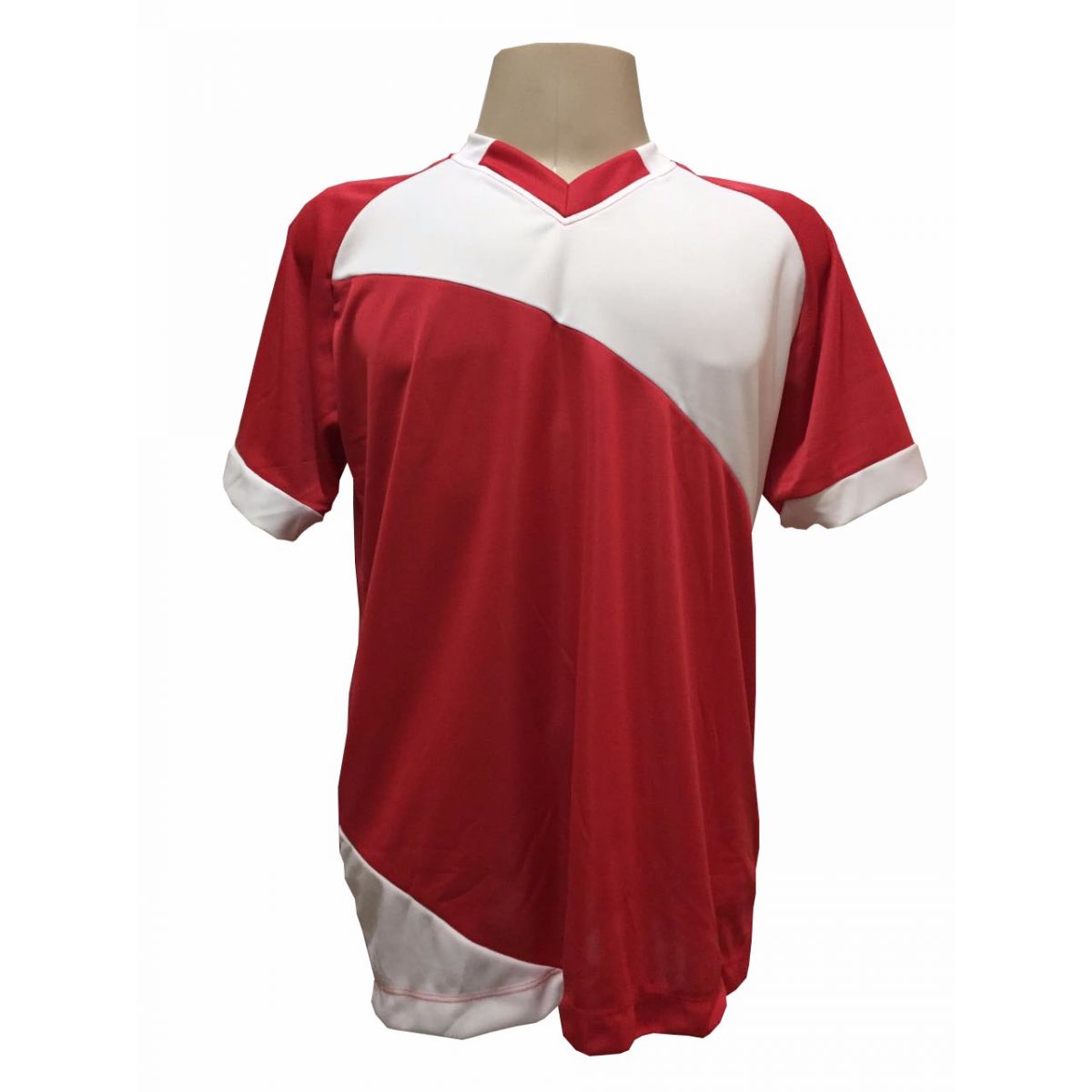 Uniforme Esportivo com 20 camisas modelo Bélgica Vermelho/Branco + 20 calções modelo Madrid + 1 Goleiro + Brindes