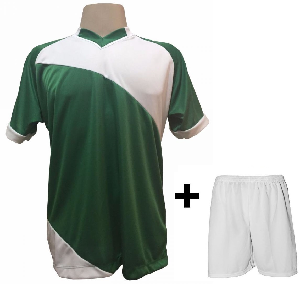 Uniforme Esportivo com 20 camisas modelo Bélgica Verde/Branco + 20 calções modelo Madrid Branco + Brindes