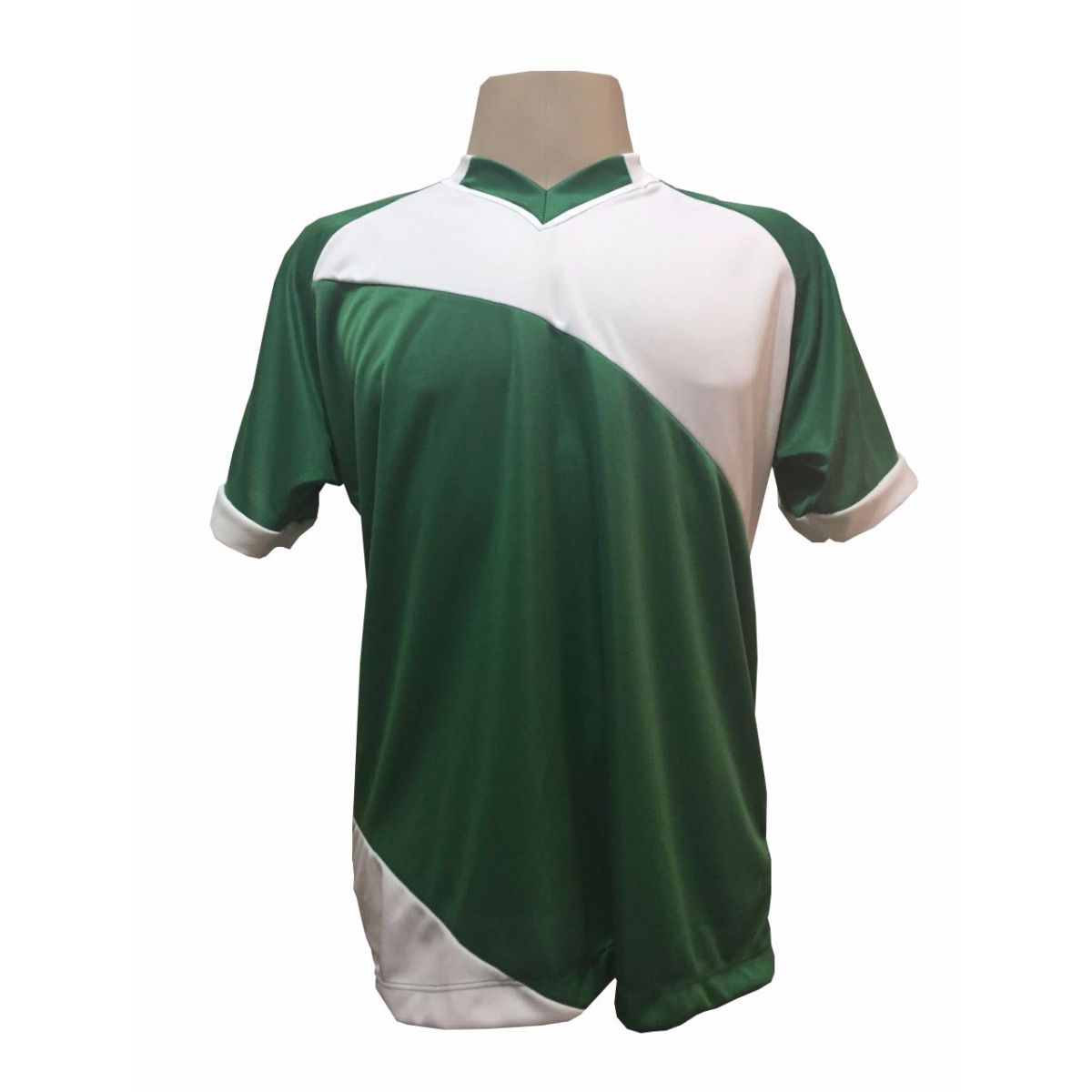 Uniforme Esportivo com 20 camisas modelo Bélgica Verde/Branco + 20 calções modelo Copa Verde/Branco + Brindes