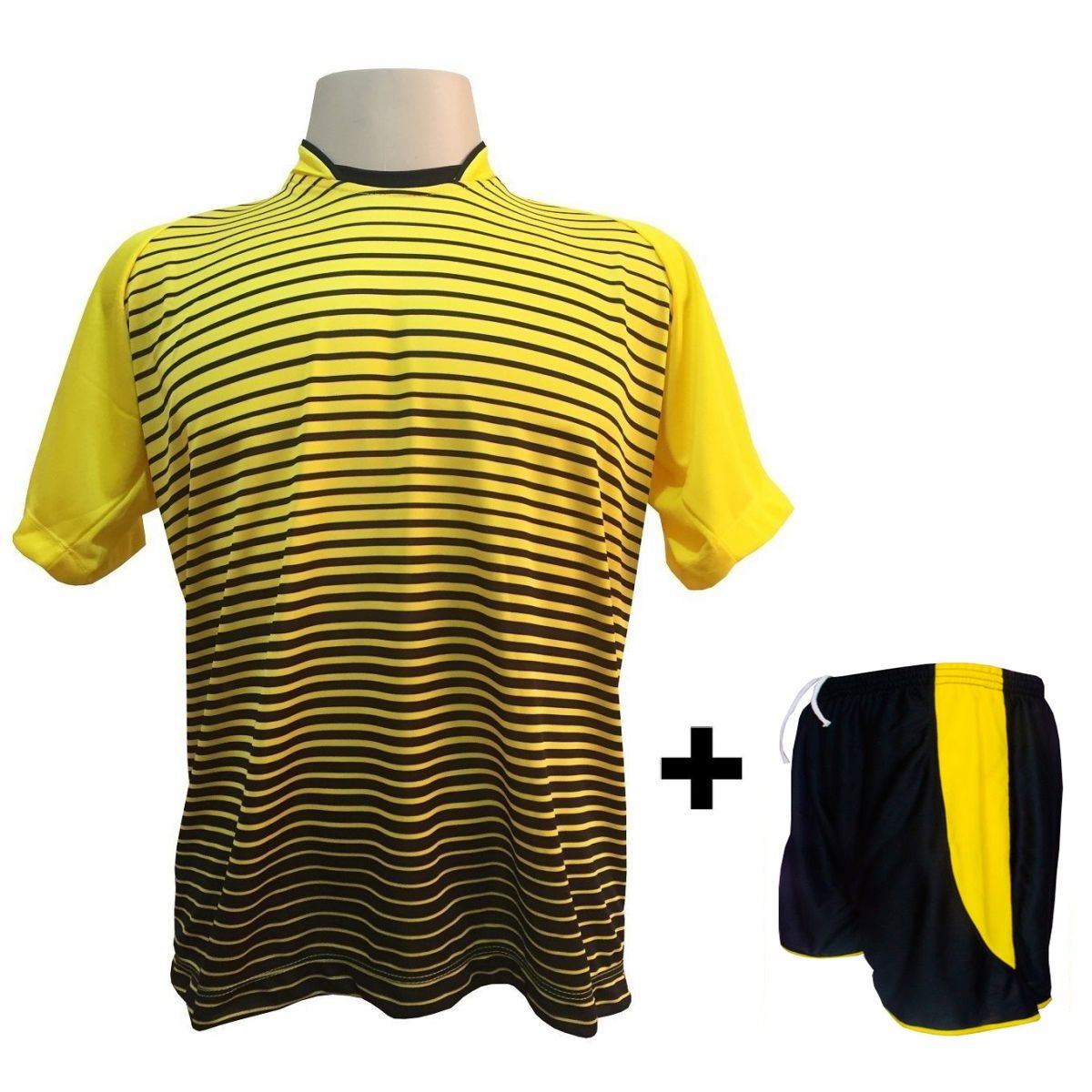 Uniforme Esportivo com 12 camisas modelo City Amarelo/Preto + 12 calções modelo Copa Preto/Amarelo + Brindes