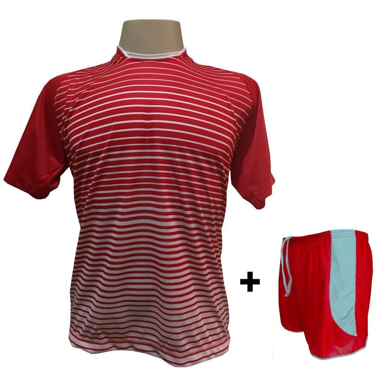 Uniforme Esportivo com 18 camisas modelo City Vermelho/Branco + 18 calções modelo Copa + 1 Goleiro + Brindes