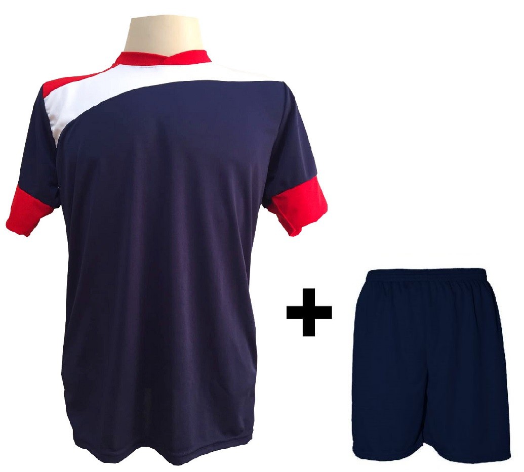 Uniforme Esportivo com 14 camisas modelo Sporting Marinho/Vermelho/Branco + 14 calções modelo Madrid + 1 Goleiro + Brindes