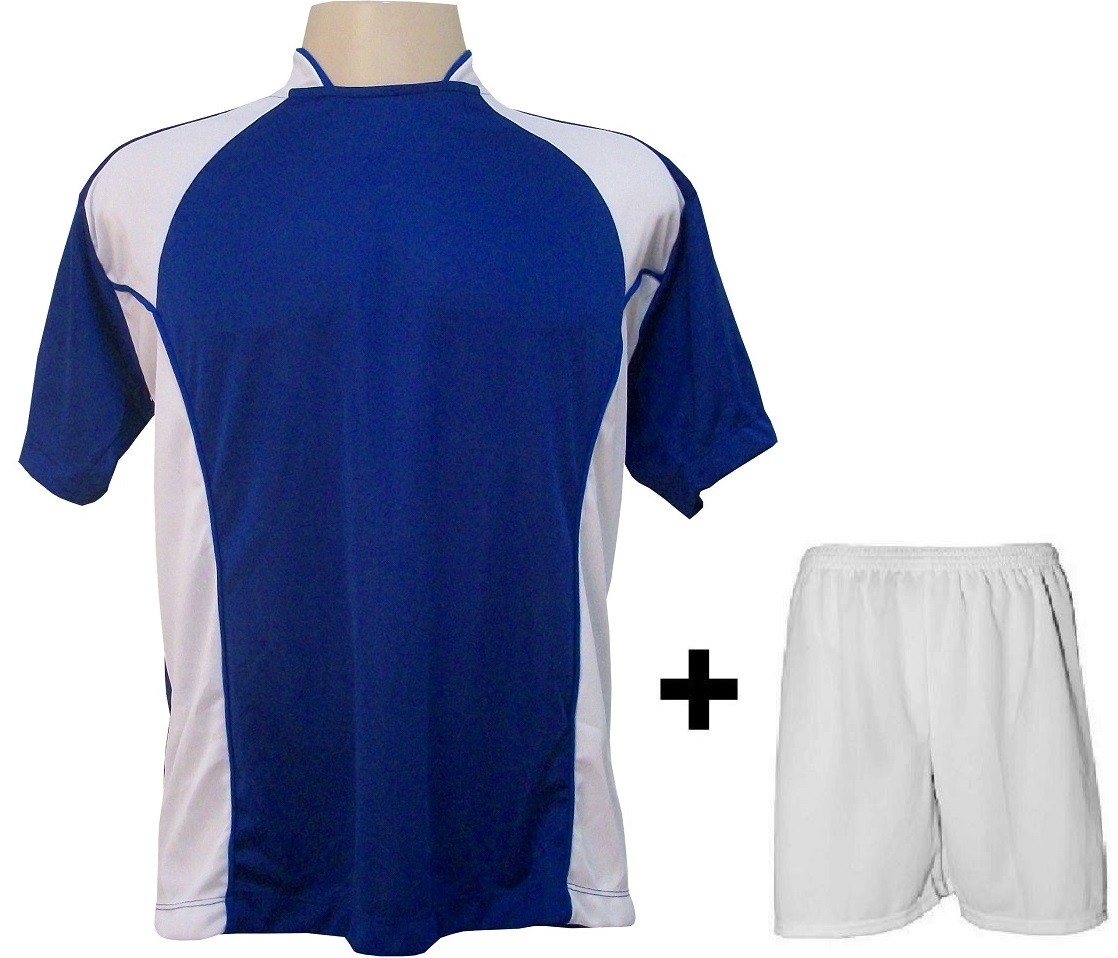 Uniforme Esportivo com 14 camisas modelo Suécia Royal/Branco + 14 calções modelo Madrid + 1 Goleiro + Brindes