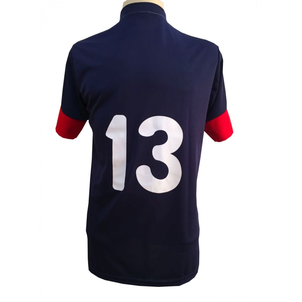 Uniforme Esportivo Completo modelo Sporting 14+1 (14 camisas Marinho/Vermelho/Branco + 14 calções Madrid Marinho + 14 pares de meiões Marinhos + 1 conjunto de goleiro) + Brindes