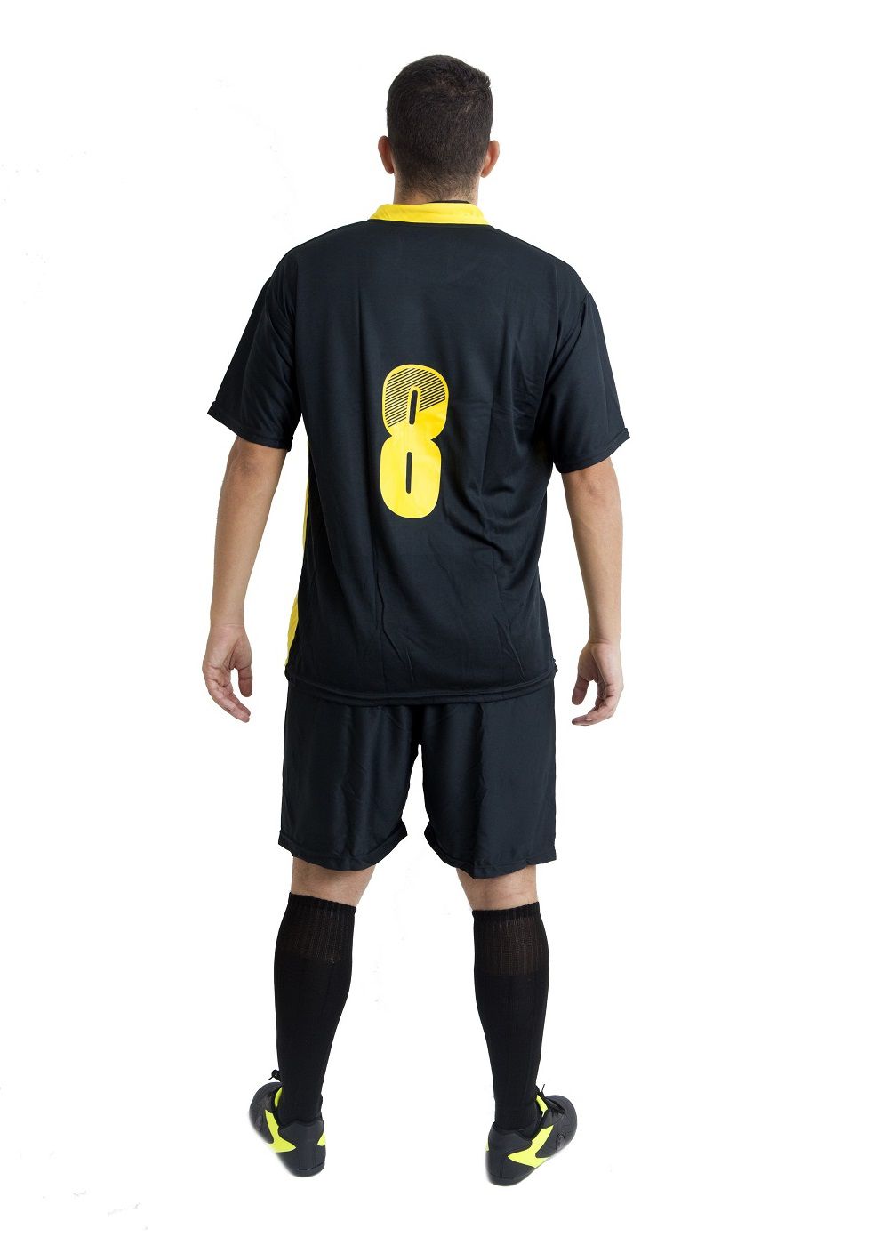 Uniforme Esportivo Completo modelo Suécia 14+1 (14 camisas Preto/Amarelo + 14 calções Madrid Preto + 14 pares de meiões Preto + 1 conjunto de goleiro) + Brindes