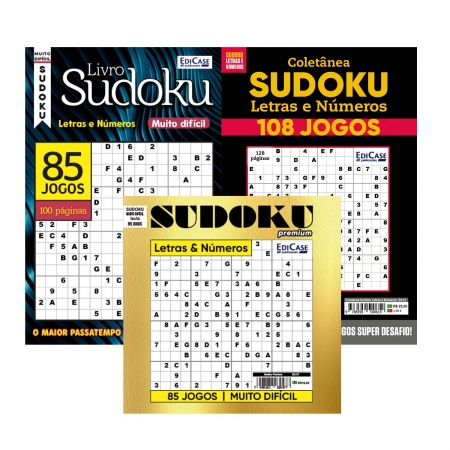 Kit c/ 3 Livros de Sudoku - Muito Difícil - com letras e números 16x16 1 jogo por página