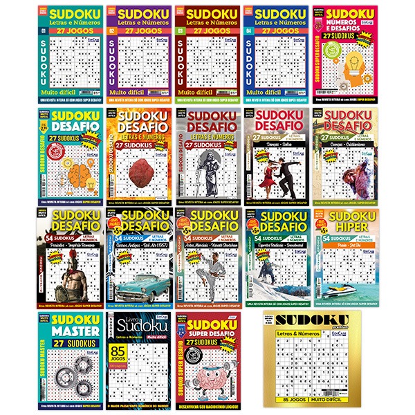 Kit c/ 19 Revistas Sudoku - Muito Difícil - com letras e números 16x16 1 jogo por página