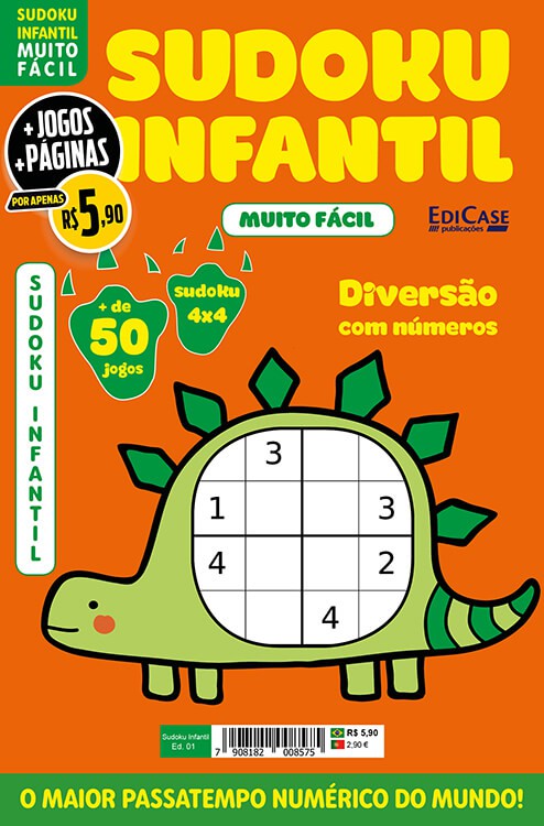 Sudoku Infantil Ed. 01 - Muito Fácil - Jogos 4x4 - 1 Jogo Por Página - Tema: Dinossauro