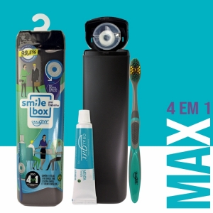 SmileBox MAX OralGift pro trabalho - Kit Estojo com proteção contra vírus e bactérias. Contém 01 fio dental de 25m + 01 escova dental + 01 pasta dental 30g com flúor.