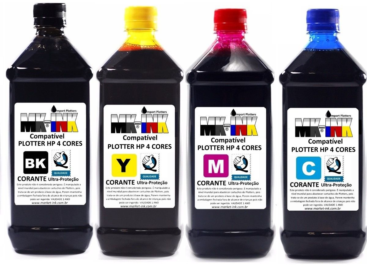 Tinta Jogo 4 litros Plotter HP 4 cores exclusiva p/ Plotter HP 500, 510, 520, 800, 815, 820, 70, 100, 110, 111, 120 etc.