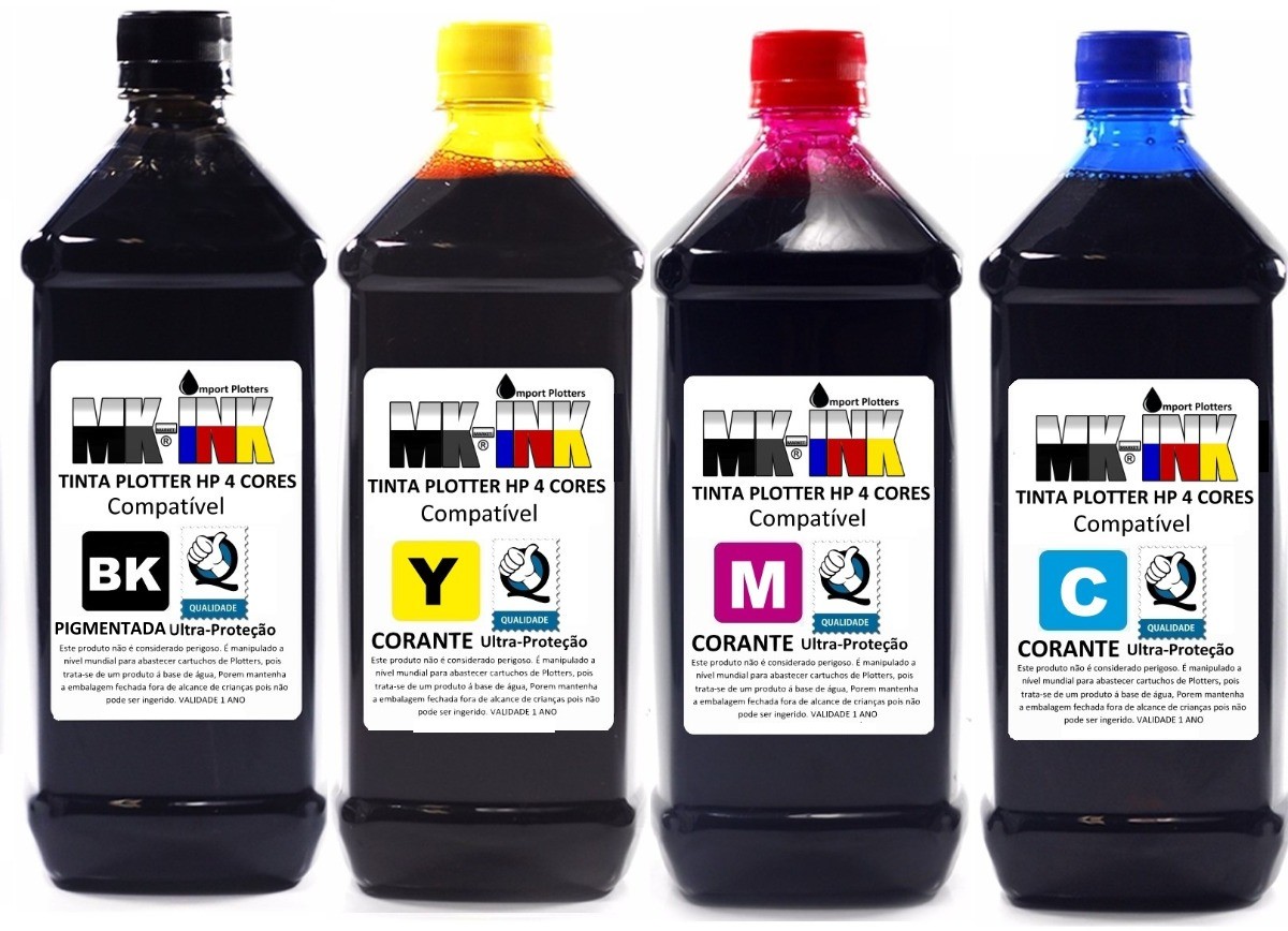 Tinta litro Plotter HP 4 cores exclusiva p/ Plotter HP 500, 510, 520, 800, 815, 820, 70, 100, 110, 111, 120...