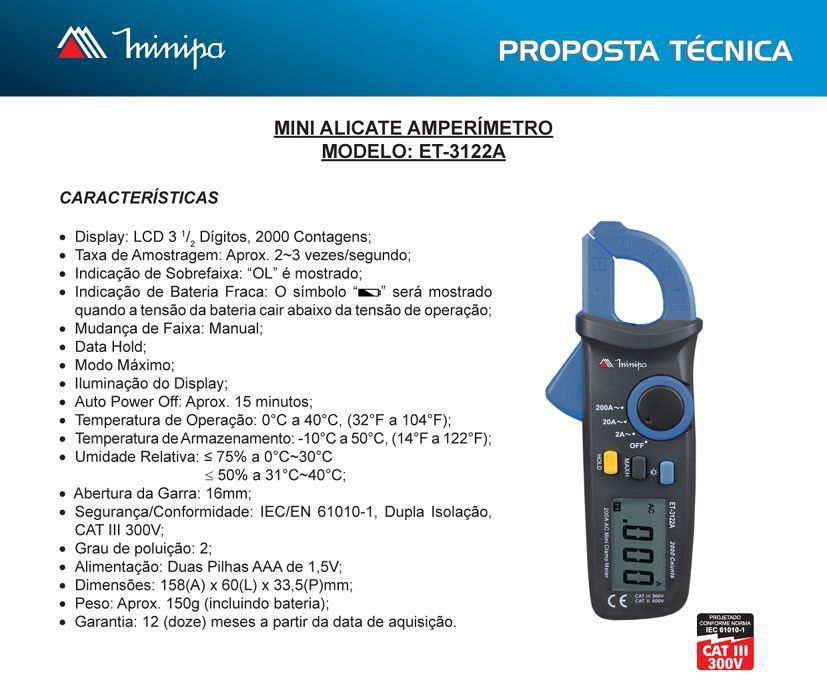Alicate Amperimetro Digital 300 V Cat Iii Et-3122a Minipa  - EMPORIO K 