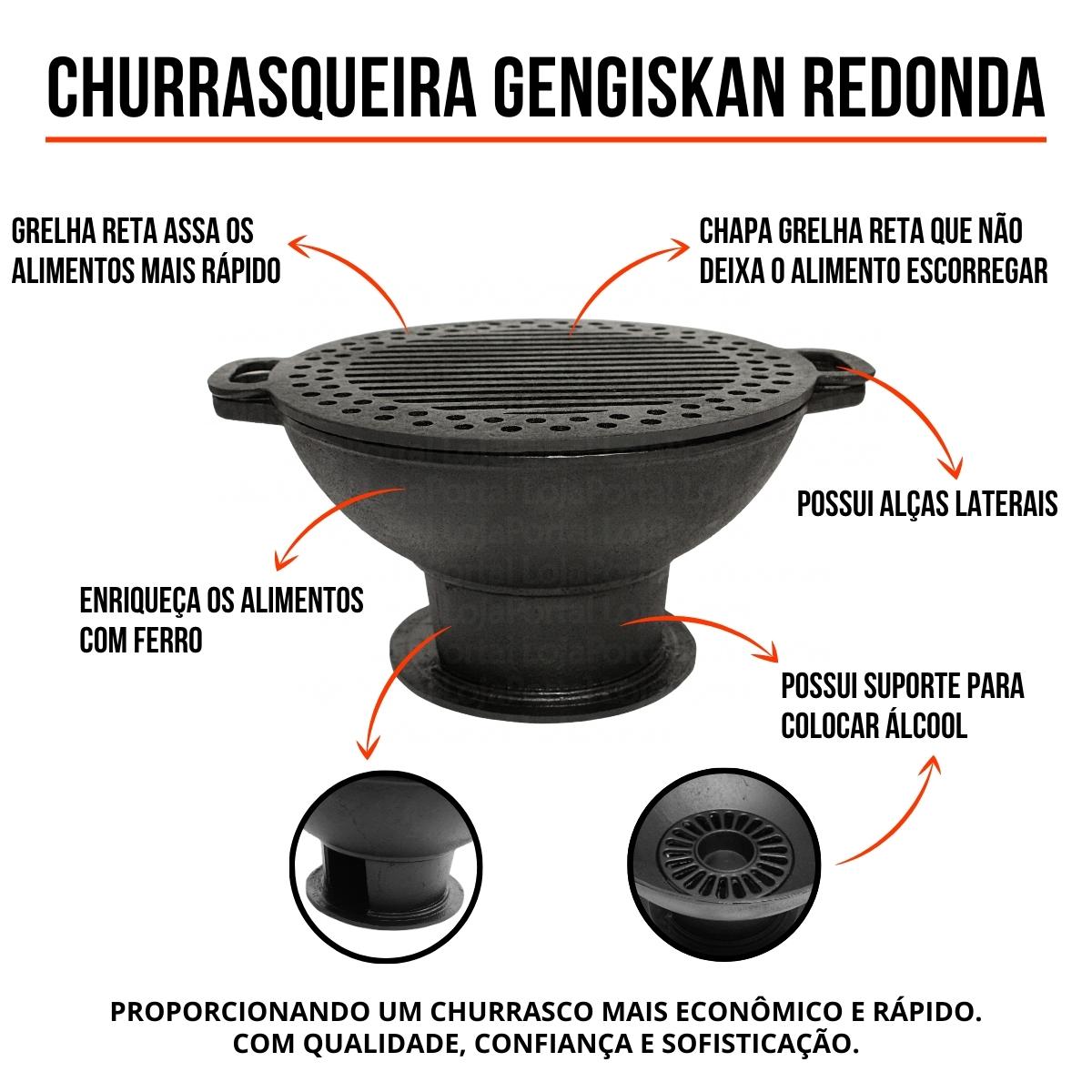 Gengiskan Redonda Ferro Fundido com Chapa Grelha Reta  - Loja Portal