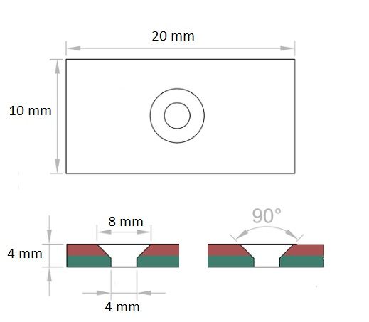Imã de Neodímio Bloco N50 20x10x4 mm com furo  - Polo Magnético 