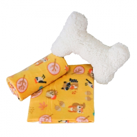 Kit 2 Peças Presente Pet Soneca Cobertor Manta Fleece Térmico e Travesseiro Ossinho Soft Macio - Floresta