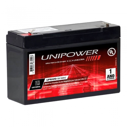 Bateria 6V 12Ah Selada para Brinquedos Eletrônicos Moto e Carro Elétricos VRLA Unicoba Unipower UP6120