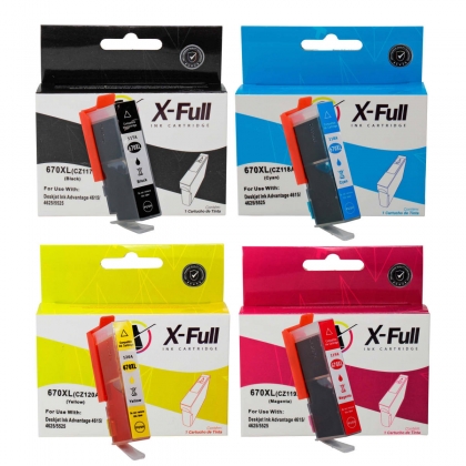 Kit 4 Cores Cartucho de Tinta X-Full Compatível com HP 670xl 670 para Ink Advantage 3525 4615 4625 5525 6520 6525