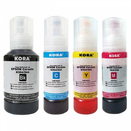 Kit Colorido Tinta Kora Compatível com 504 / 544 Corante para Epson L3110 L3150 L3158 L3250 L4150 L4260 L6168 L6270