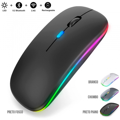Mouse Sem Fio Dual Mode Bluetooth + Wireless 2.4 GHz Recarregável LED RGB NTS350L (Cores Sortidas)