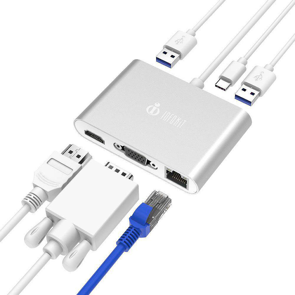 Adaptador Type-C para Notebook / Macbook 6 em 1 converte HDMI VGA USB 3.0 Type C Fêmea RJ45 Gigabit Infokit TCE-RCNB106