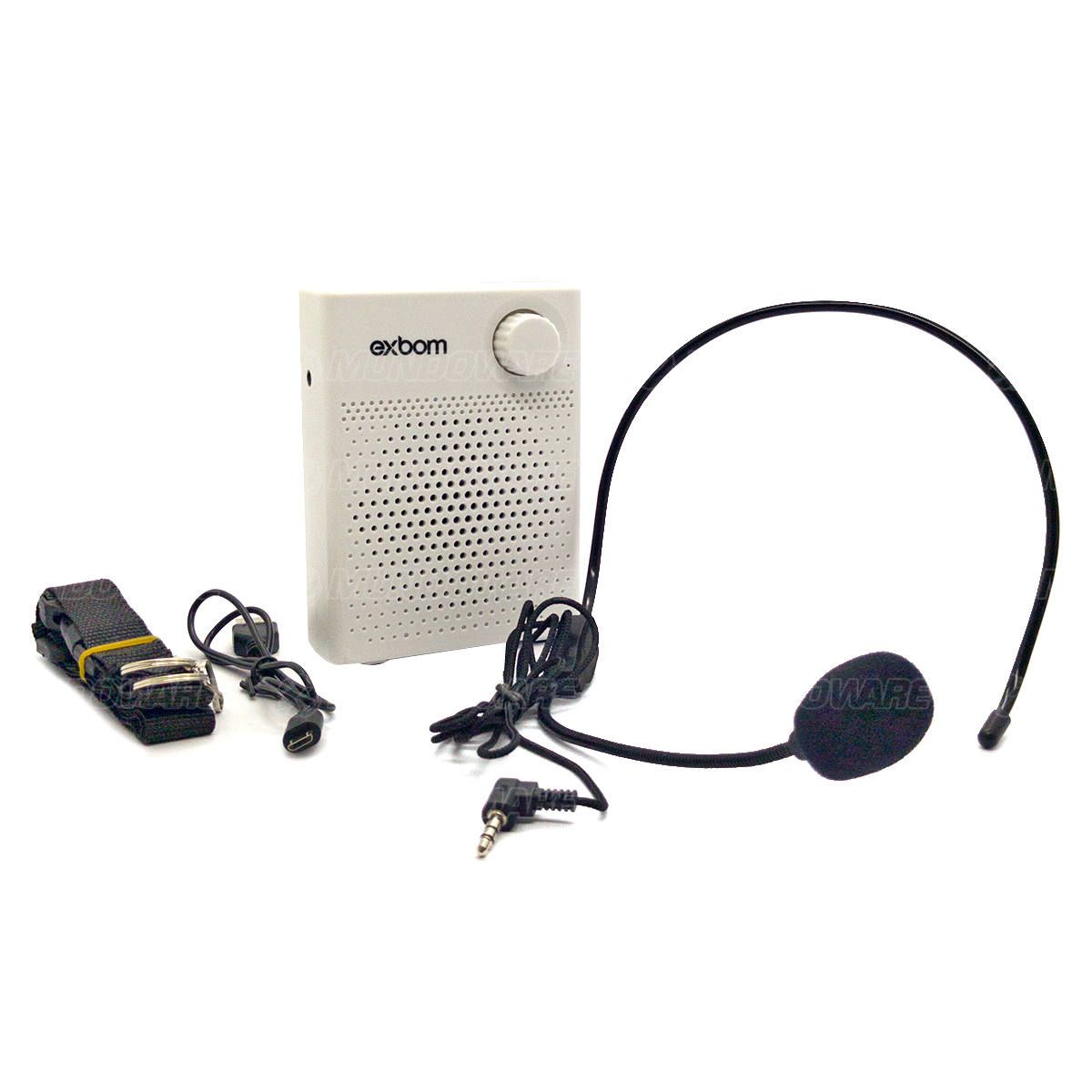 Amplificador Megafone Bluetooth com Headset 7W Bateria 1200mAh Recarregável Alça de Ombro Exbom CS-B16BT Branco