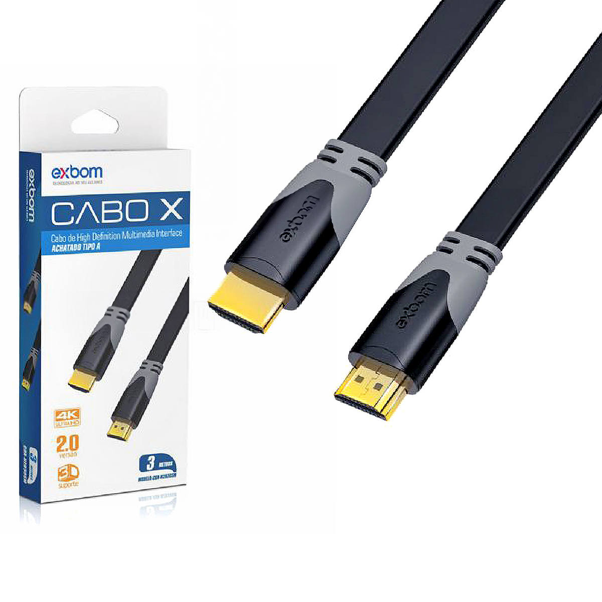 Cabo HDMI 4K v2.0 Flat Achatado Suporte 3D Ultra HD 1080/2160p com 3 metros Exbom CBX-H2B30SM