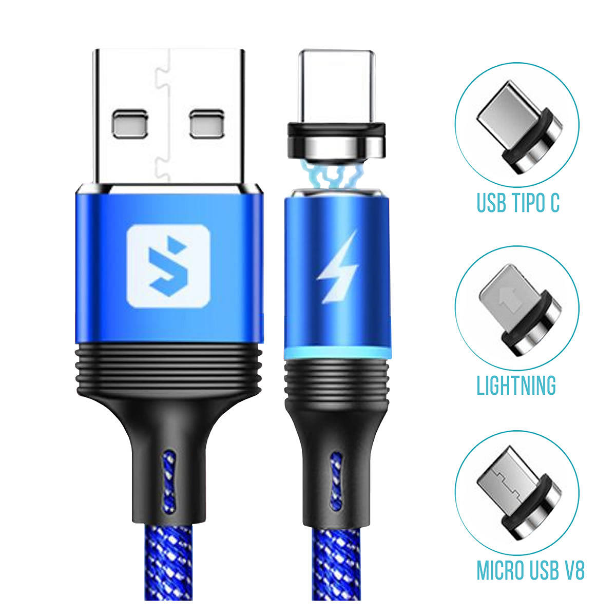 Cabo Magnético 3 em 1 para Celular Micro USB V8 + USB Tipo C + Lightning 2.4A 1 metro SX-B16-3 Azul