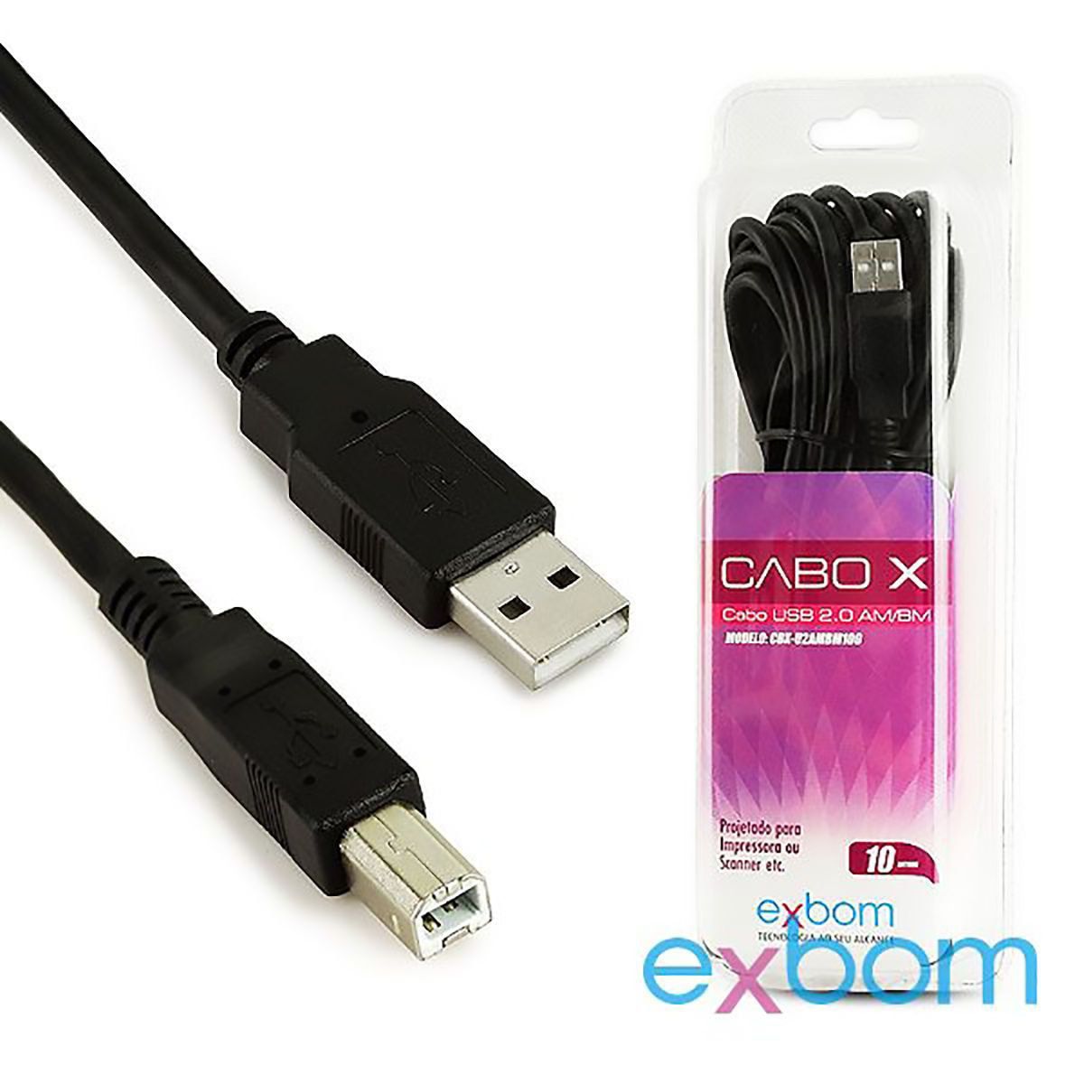 Cabo USB para Impressora AM/BM 10 metros com Filtro OD4.8 2.0 Exbom CBX-U2AMBM100 Preto