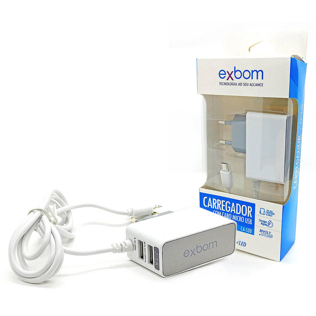 Carregador de Viagem USB Duplo para Celular com Cabo Micro USB V8 Bivolt Carga Rápida 2.1A com LED Exbom CA-S20