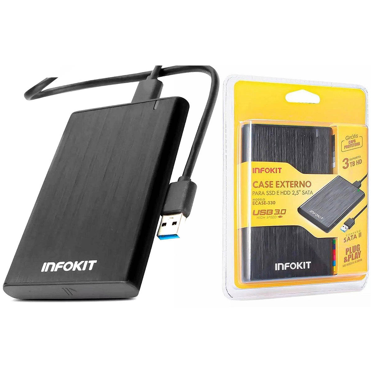 Case Externo para SSD e HDD SATA 2.5" USB 3.0 apoio UASP 3TB em Alumínio Escovado com Capa Protetora Infokit Ecase-330
