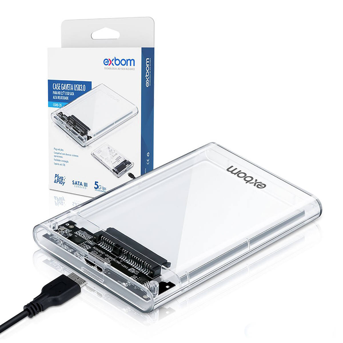 Case Externo USB 3.0 Transparente para HD 2.5" SSD SATA Exbom CGHD-35