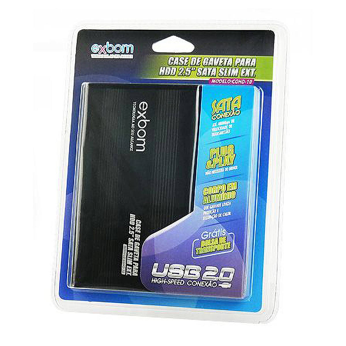 Case USB 2.0 para HD Sata 2.5" Externo em Alumínio com Capa de Transporte Exbom CGHD-10