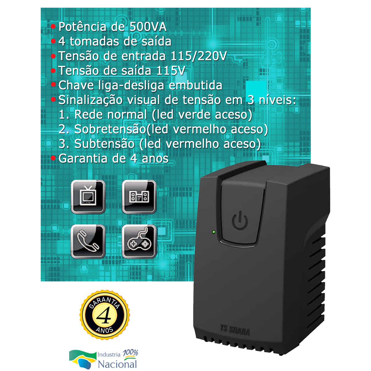 Estabilizador 500VA Bivolt 4 Tomadas Filtro de Linha Integrado Ideal para Eletrodomésticos TS Shara Power Est 500-9116