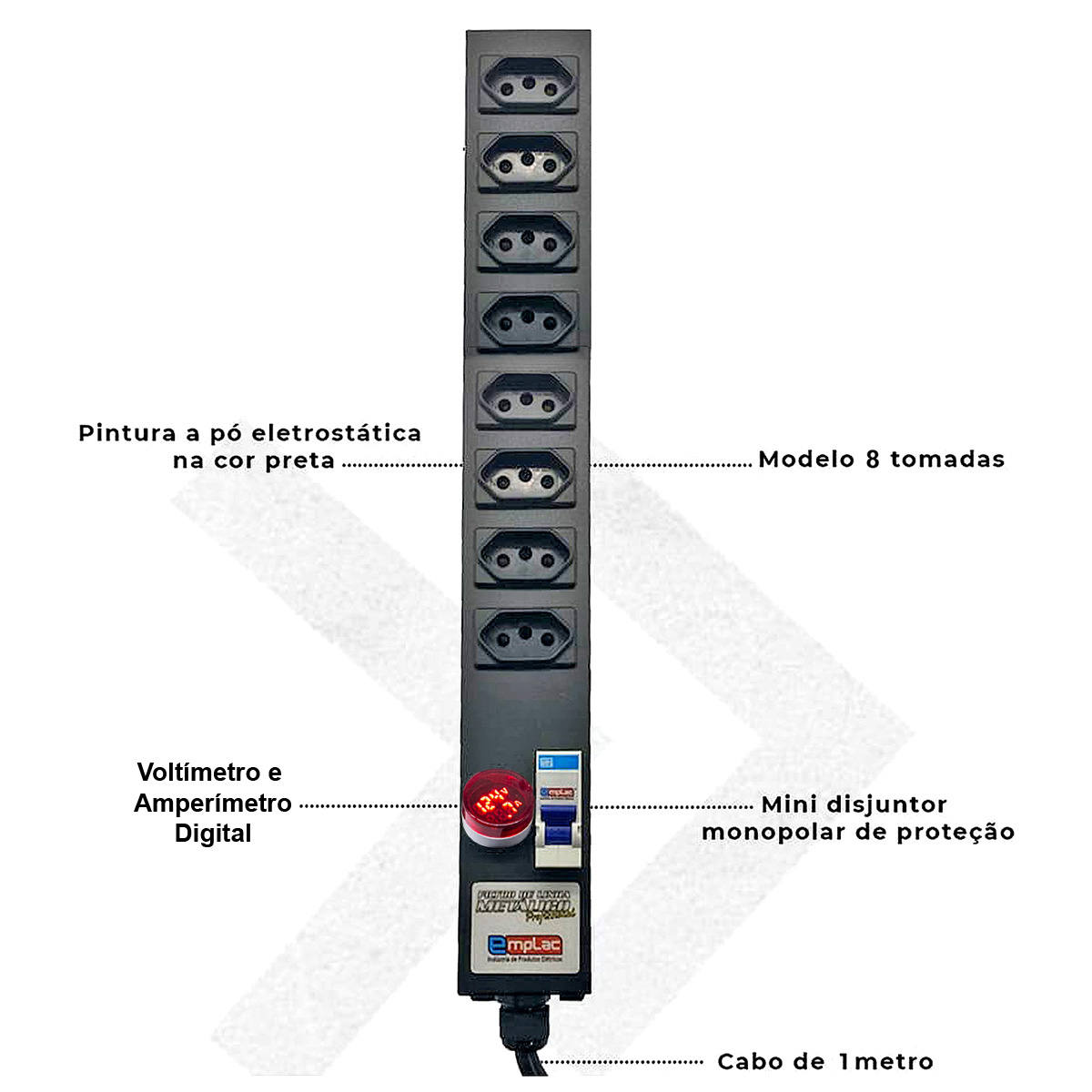 Filtro de Linha com Disjuntor + Voltímetro + Amperímetro Digital 8 Tomadas 20A Bivolt Metálico Pro Emplac F50613